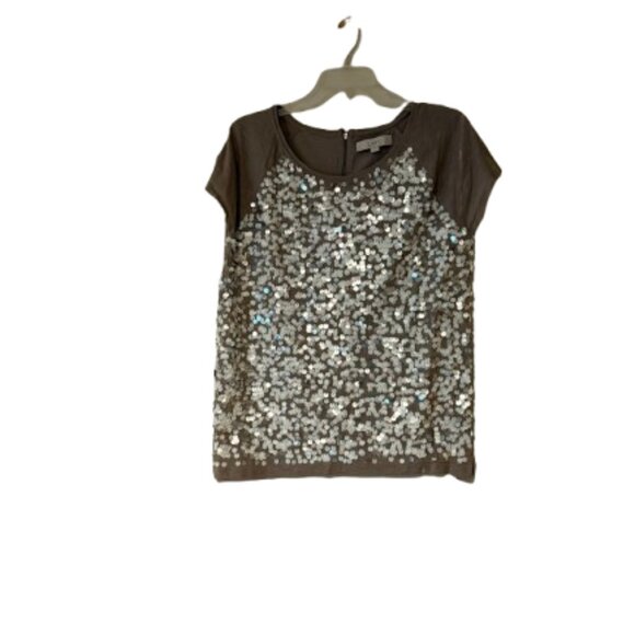 Loft Short Sleeve Taupe Blouse with Silver Disks on Front - Medium - Picture 2 of 5